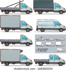 Commercial vehicle types. Lineart icons side view.