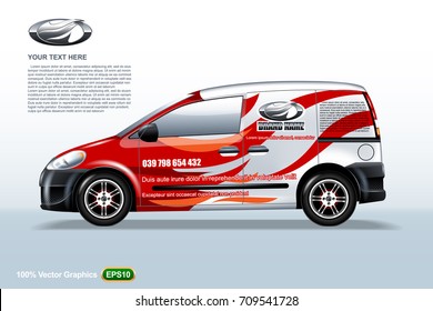 Commercial vehicle-van template. With logo and red stripes, editable layout.