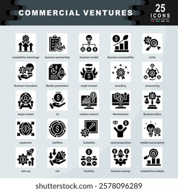 Commercial Ventures icon set containing competitive advantage, business partnership, business model, niche, Market penetration, angel investor, branding, outsourcing icon. Simple glyph vector