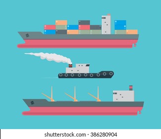 Commercial Vessel / Cargo Ship, Container Ship, Tug Boat On Torquoise Background / Vector Illustration, Clear And Simple Design Of Modern Commercial Vessels