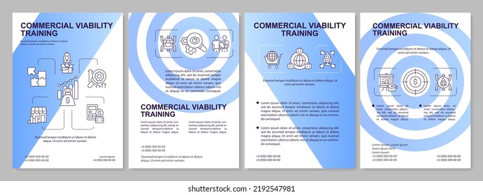 Commercial viability in entrepreneurship blue gradient brochure template. Leaflet design with linear icons. 4 vector layouts for presentation, annual reports. Arial, Myriad Pro-Regular fonts used