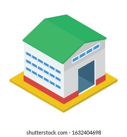 
Commercial warehouse building, isometric vector, parcel storage house.

