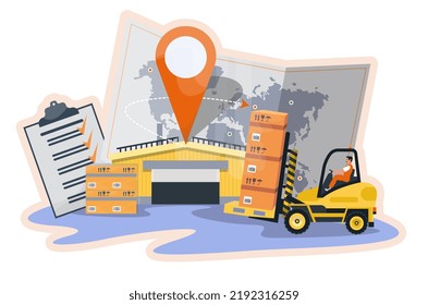 Commercial Warehouse. Forklift. Global Logistics. Delivery, Distribution. Supply Chain Management. Banner, Logo.