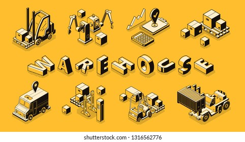 Commercial warehouse line art, isometric vector banner. Goods shipping service, cargo and freights transportation, business logistics technologies concept. Delivery company machines illustrations set