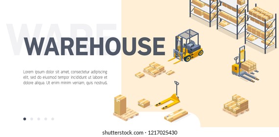 Commercial warehouse service web banner or landing page with hyperlinks or swipe functionality isometric vector template. Hydraulic machines carrying parcel boxes or cargo on pallets in storehouse