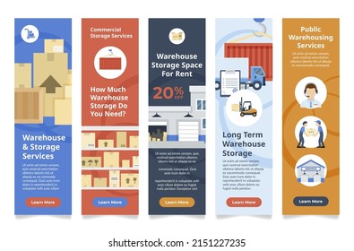 Commercial warehouse storage service sale discount landing page set vector illustration. Collection public warehousing industrial cargo logistic internet advertising. Freight distribution storehouse