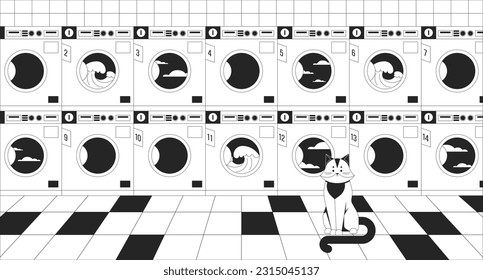 Commercial washers with cat black and white lo fi chill wallpaper. Laundromat. Cute animal at laundry room 2D vector cartoon interior illustration, minimalism background. 80s retro album art, line art