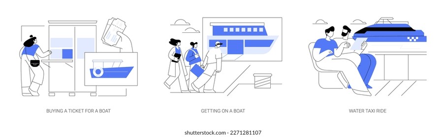 Commercial water transportation abstract concept vector illustration set. Buying a ticket for a boat, getting on a ferry boat, water taxi ride, sea transport, ferry passengers abstract metaphor.