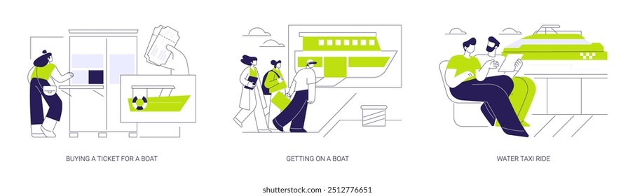 Commercial water transportation abstract concept vector illustration set. Buying a ticket for a boat, getting on a ferry boat, water taxi ride, sea transport, ferry passengers abstract metaphor.