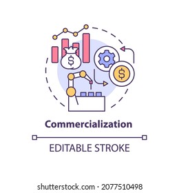 Commercialization concept icon. Technology monetization. Money making. Introduce new product to market abstract idea thin line illustration. Vector isolated outline color drawing. Editable stroke