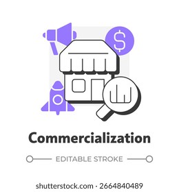 Icono de concepto de contorno plano de comercialización. Introducción de producto y servicio al mercado. Paso del embudo de la innovación. Ilustración de línea moderna con glifos morados. Conceptual visual. Fácil de editar