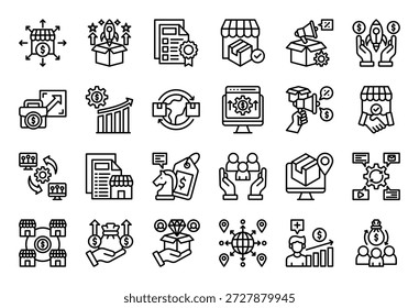 Conjunto de Coleta de Ícones de Comercialização. Limpar Ilustração Do Vetor De Contorno.