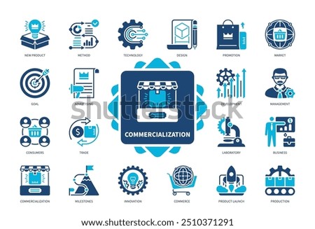 Commercialization icon set. New Product, Design, Promotion, Innovation, Milestones, Product Launch, Advertising, Method. Duotone color solid icons