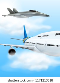 Commerical aircraft and fighter jet illustration