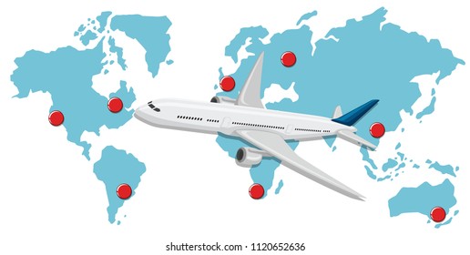Commerical aircraft infront of a world map illustration