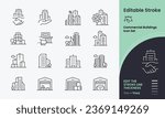 Commerical Buildings Icon collection containing 16 editable stroke icons. Perfect for logos, stats and infographics. Edit the thickness of the line in any vector capable app.