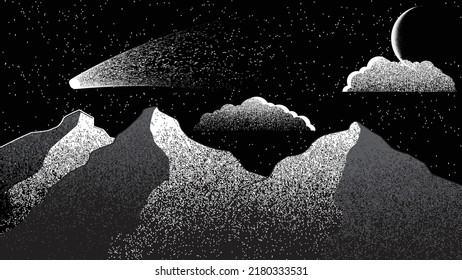 Commet y planeta en el espacio. Paisaje futurista, con textura acústica. Paisaje nocturno con cielo estrellado .Ilustración vectorial