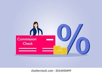 Commission check vector concept. Businesswoman holding a commission check with percentage symbol and coins.