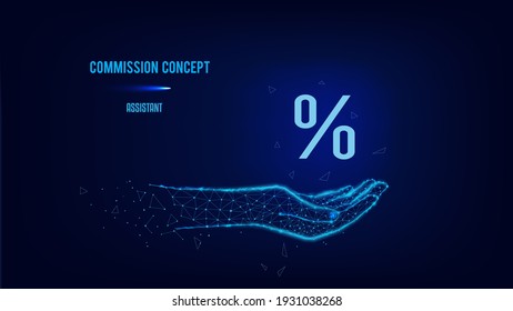 Commission concept. Zero percent symbol in Polygonal hand. Dark blue background