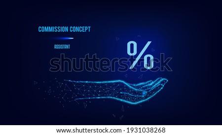Commission concept. Zero percent symbol in Polygonal hand. Dark blue background