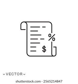 commission icon, cashback optimization, business fee, paysheet thin line symbol concept isolated on white background, editable stroke eps 10 vector illustration