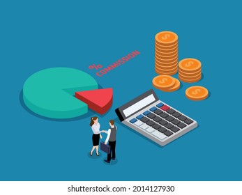 Commission isometric vector concept. Business people handshaking and getting deal to share commission pie chart portion