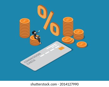 Commission isometric vector concept. Successful businesswoman sitting on the coins with commission check and percentage symbol