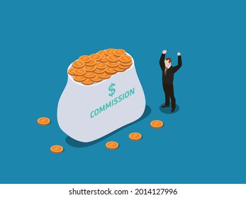 Commission isometric vector concept. Successful businessman with big commission money bag full of coins