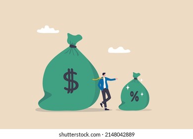 Commission payment, interest rate for loan payment or investment profit percentage, incentive to reward or motivate concept, businessman salesperson standing with money bag and commission portion.