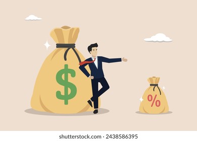 Commission payment, interest rate for loan payment or investment profit percentage, businessman salesperson standing with money bag and commission portion.