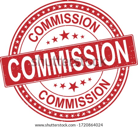 COMMISSION seal stamp with corroded texture. Rubber seal imitation has circle medallion form and contains ribbon. vector rubber print of COMMISSION label with unclean texture.