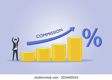 Commission vector concept. Businessman with growing commission graph and pile of coins