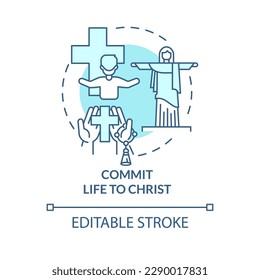 Commit life to Christ turquoise concept icon. Trust in God. Becoming Christian reason abstract idea thin line illustration. Isolated outline drawing. Editable stroke. Arial, Myriad Pro-Bold fonts used