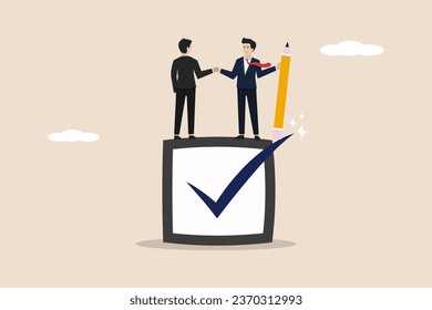 Commitment, agreement and agreement to deliver or complete work, trust in work responsibilities, businessman handshake on completed check box. Illustration of a successful businessman.