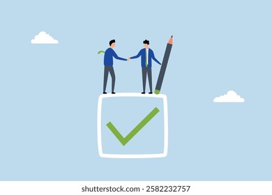 Commitment, businessman handshake on tick completed checkbox