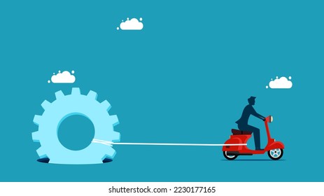 commitment. Businessman pulling a gear out of a hole