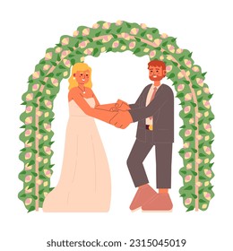 Commitment ceremony flat concept vector spot illustration. Newlyweds under flowers arch 2D cartoon characters on white for web UI design. American wedding isolated editable creative hero image