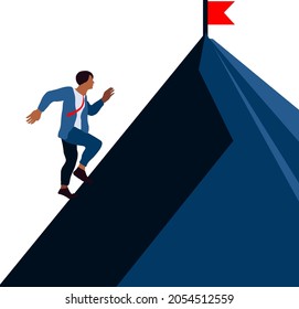 Commitment concept - Businessman climbing on the mountain. Businessman heading for the top - Ambitious man running up mountain hill to reach the peak. Business aspiration and motivation concept. 