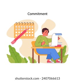 Commitment concept. A diligent child engrossed in tasks, marking a calendar to track progress, exemplifying dedication and time management. Responsible planning depicted. Flat vector illustration