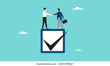 commitment, cooperation agreement to complete the project, promise or agreement to deliver or finish work, businessman handshake on tick completed check box concept vector illustration