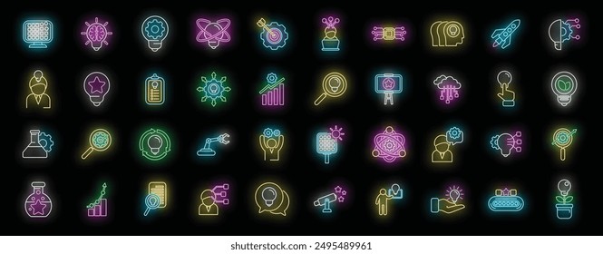 Commitment to innovation icons set outline vector. Passion integrity. Business trust neon color on black