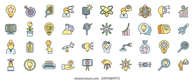 Commitment to innovation icons set outline vector. Passion integrity. Business trust thin line color flat on white