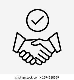 Commitment isolated vector outline icon. Handshake with tick modern sign design.