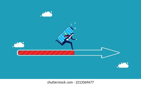 Commitment to mission for progress. Businessman running at full strength on the arrow bar