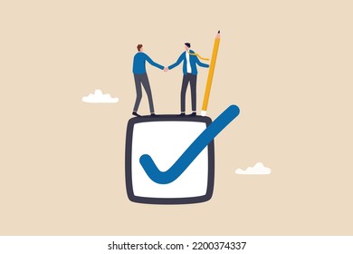 Commitment, promise or agreement to deliver or finish work, leadership skill or trust on work responsibility, accountability or engagement concept, businessman handshake on tick completed checkbox.