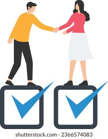 Commitment, Promise or agreement to deliver or finish work, Leadership skill or trust on work responsibility, Accountability or engagement, Handshake on tick completed checkbox

