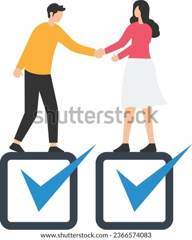 Commitment, Promise or agreement to deliver or finish work, Leadership skill or trust on work responsibility, Accountability or engagement, Handshake on tick completed checkbox

