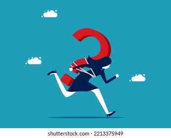 Commitment to solving business problems. businesswoman with a question mark running forward