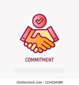 Commitment thin line icon: handshake with tick. Modern vector illustration.