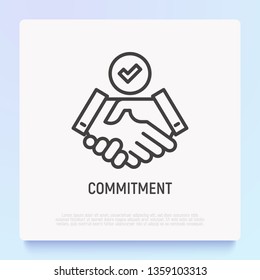 Commitment thin line icon: handshake with tick. Modern vector illustration.